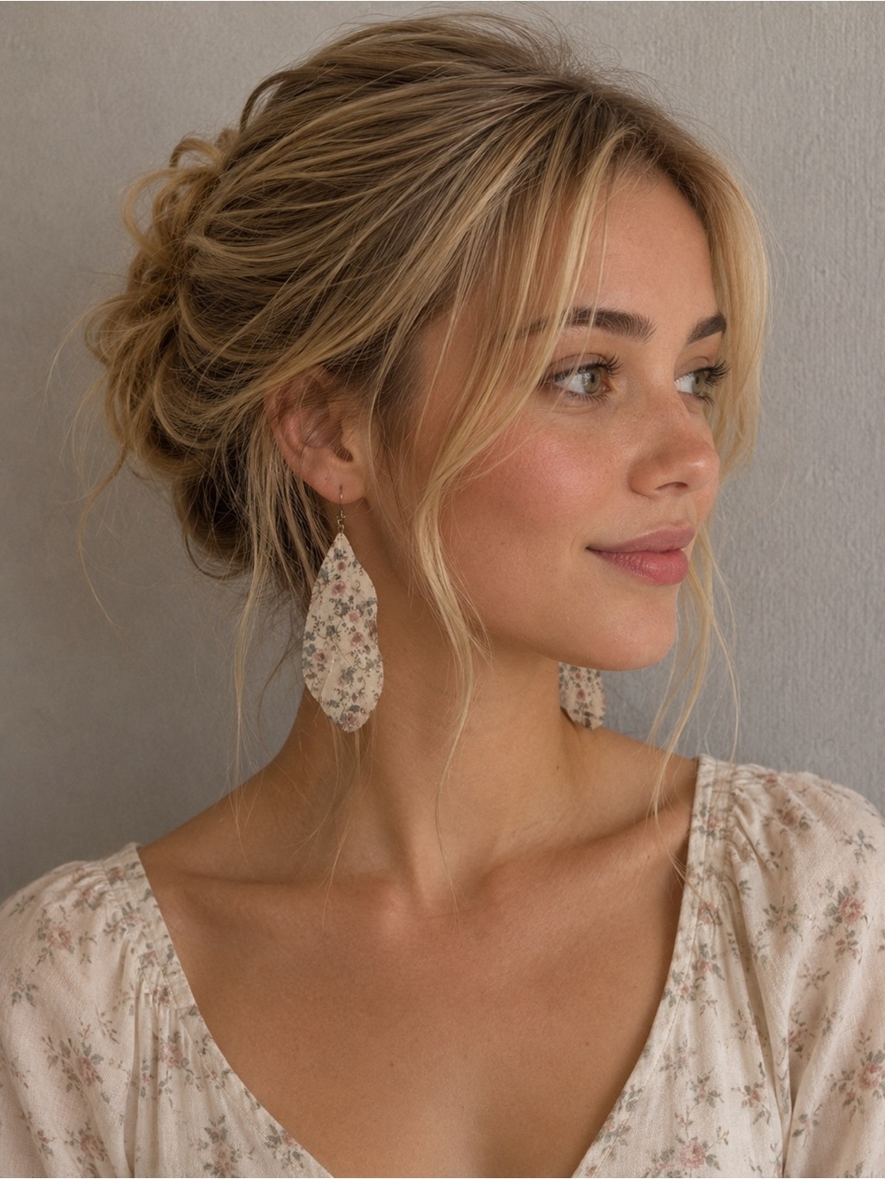 Floral Rose Feather Drop Earrings in Cream and Pink - Picture 2 of 6